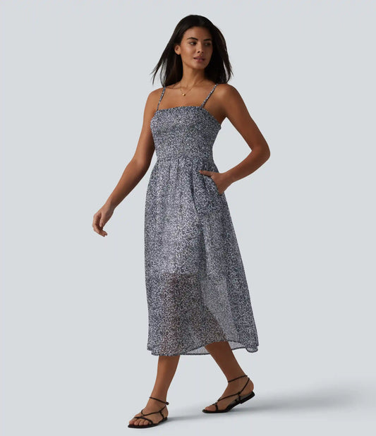 Adjustable Straps Shirred Ditsy Floral Print Chiffon Flowy Midi Casual Slip Dress with Pockets