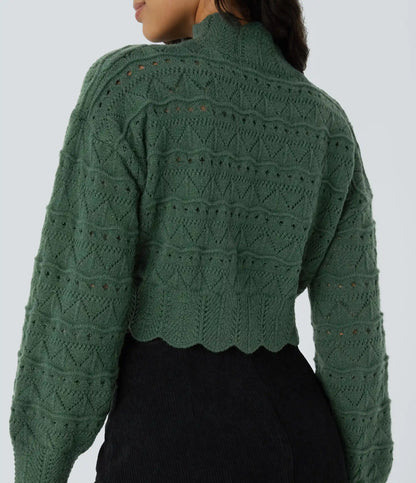 Mock Neck Bishop Sleeve Scallop Hem Open Knit Casual Sweater