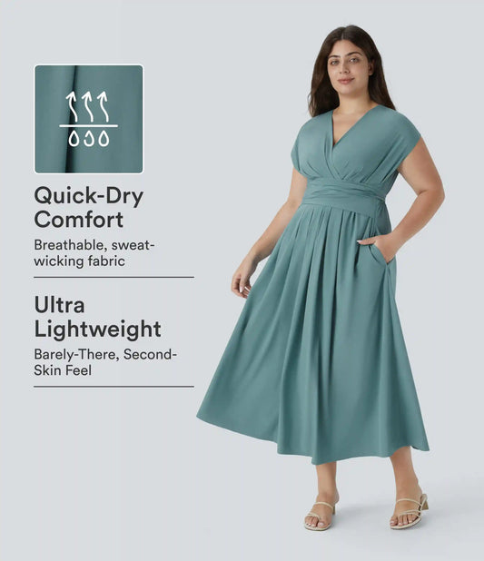 Breezeful™ V Neck Short Sleeve Pocket Tie Back Quick Dry Midi Casual Plus Size Dress