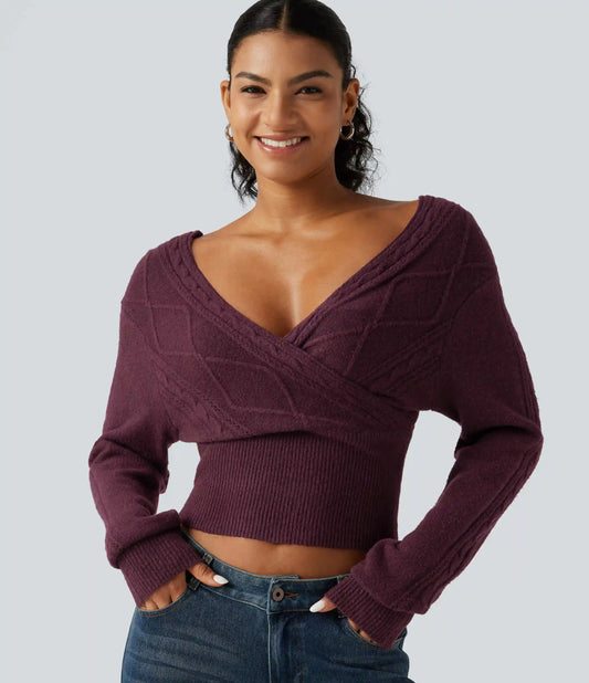V Neck Long Sleeve V Back Casual Sweater