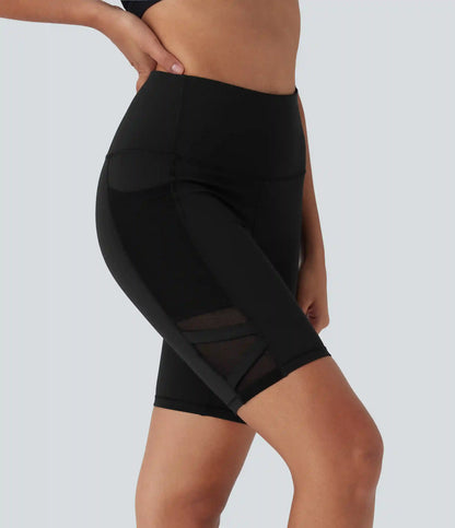 SpeedWave™ High Waisted Contrast Mesh Quick Dry Yoga Biker Shorts 7'' with Pockets