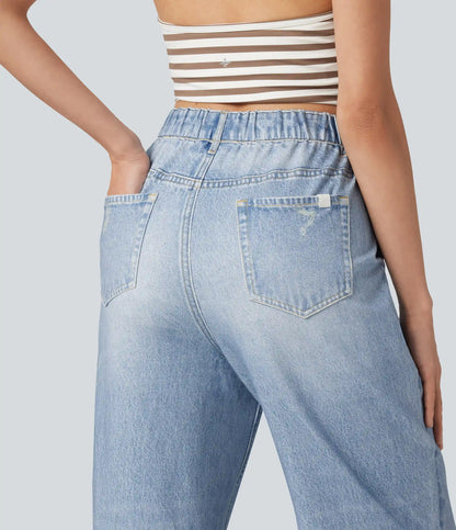 High Waisted Denim Print French Terry Casual Joggers with Pockets