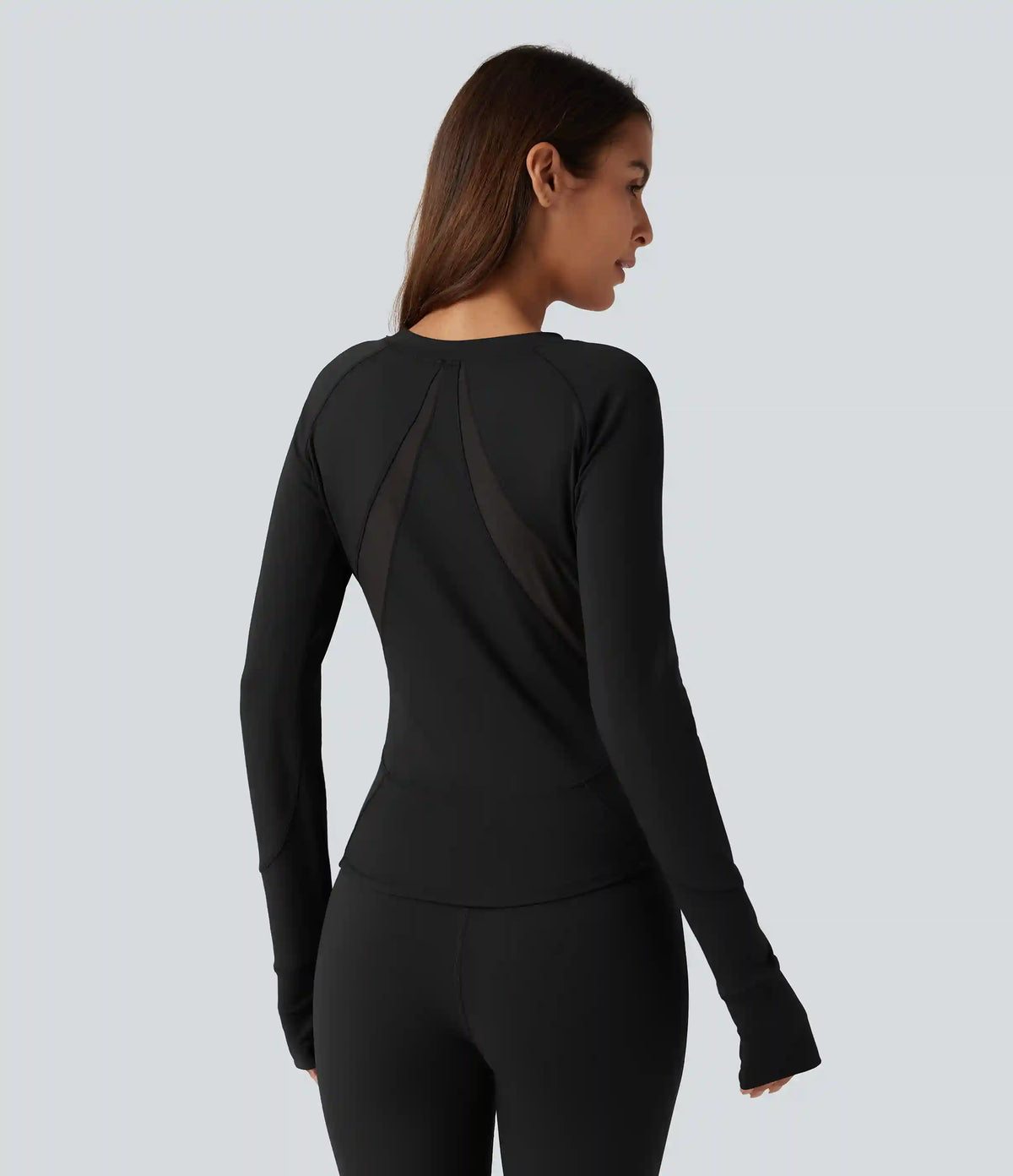 Round Neck Long Sleeve Contrast Mesh Thumb Hole Curved Hem Quick Dry Yoga Sweatshirt
