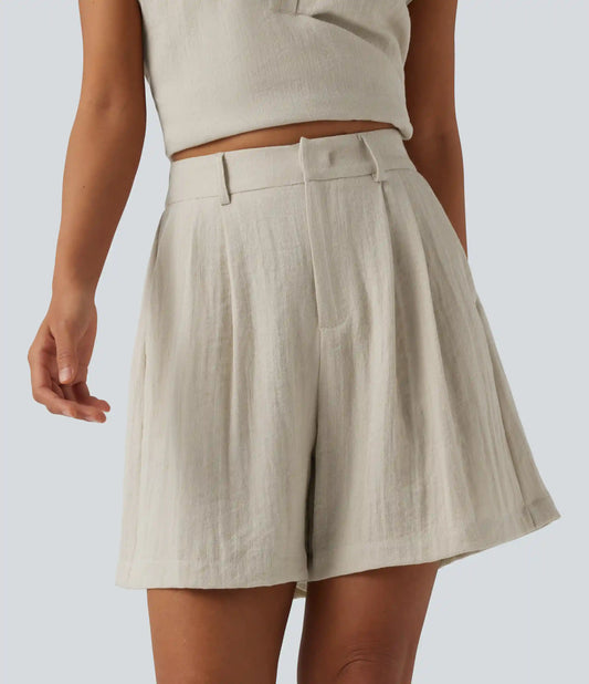 High Waisted Casual Linen-Feel Shorts with Pockets