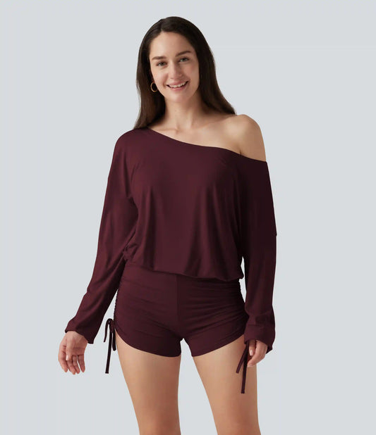 Long Sleeve Ruched Lace Up Lounge Romper -Easy Peezy Edition