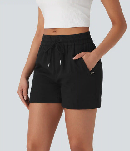 Mid Rise Drawstring Linen-Feel Work Shorts with Side Zip Pockets