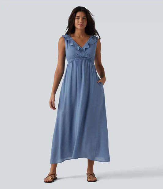 Backless Tie-back Ruffle Trim V-neck Sleeveless Midi Resort Flowy Dress with Pockets