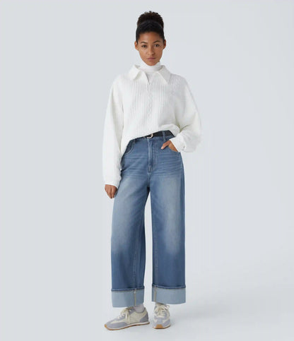 Halara Flex™ High Waisted Pockets Adjustable Hem Wide Leg Washed Casual Jeans