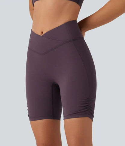 High Waisted Tummy Control Crossover Ruched Cycling Biker Shorts 7" with Pocket