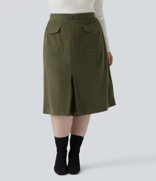 Mid Rise Midi Corduroy Casual Plus Size Skirt with Pockets