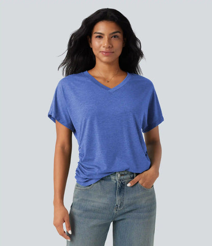 V-neck Short Sleeve Ruched Relaxed Casual Top