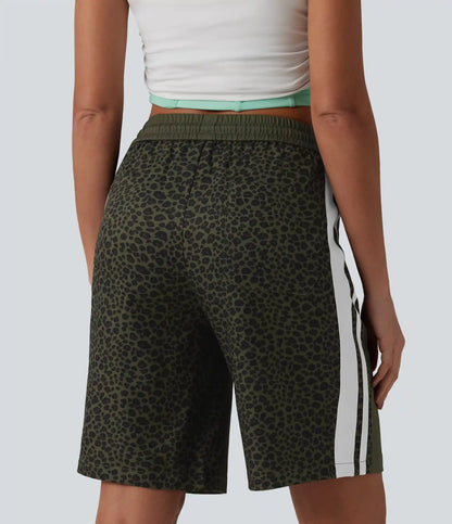 Mid Rise Drawstring Color Block Stripes Contrast Leopard Casual Baggy Bermuda Shorts 10'' with Pockets