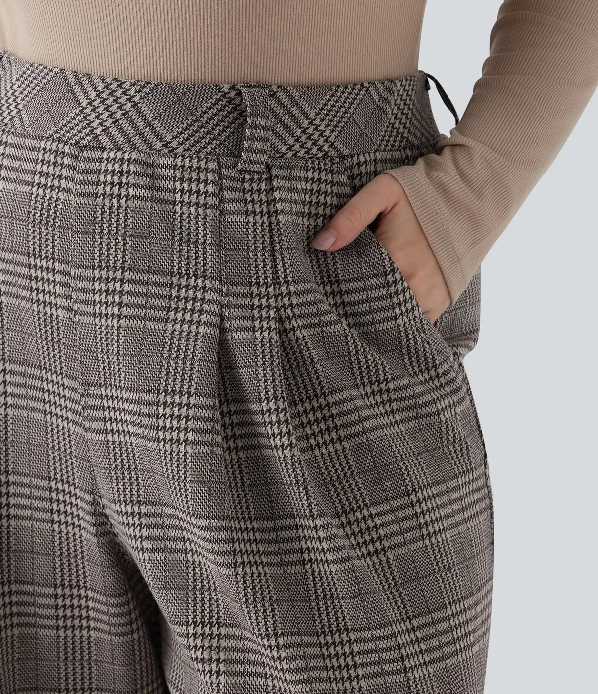 Plus Size High Waisted Wide Leg Houndstooth Plaid Casual Pants with Pockets