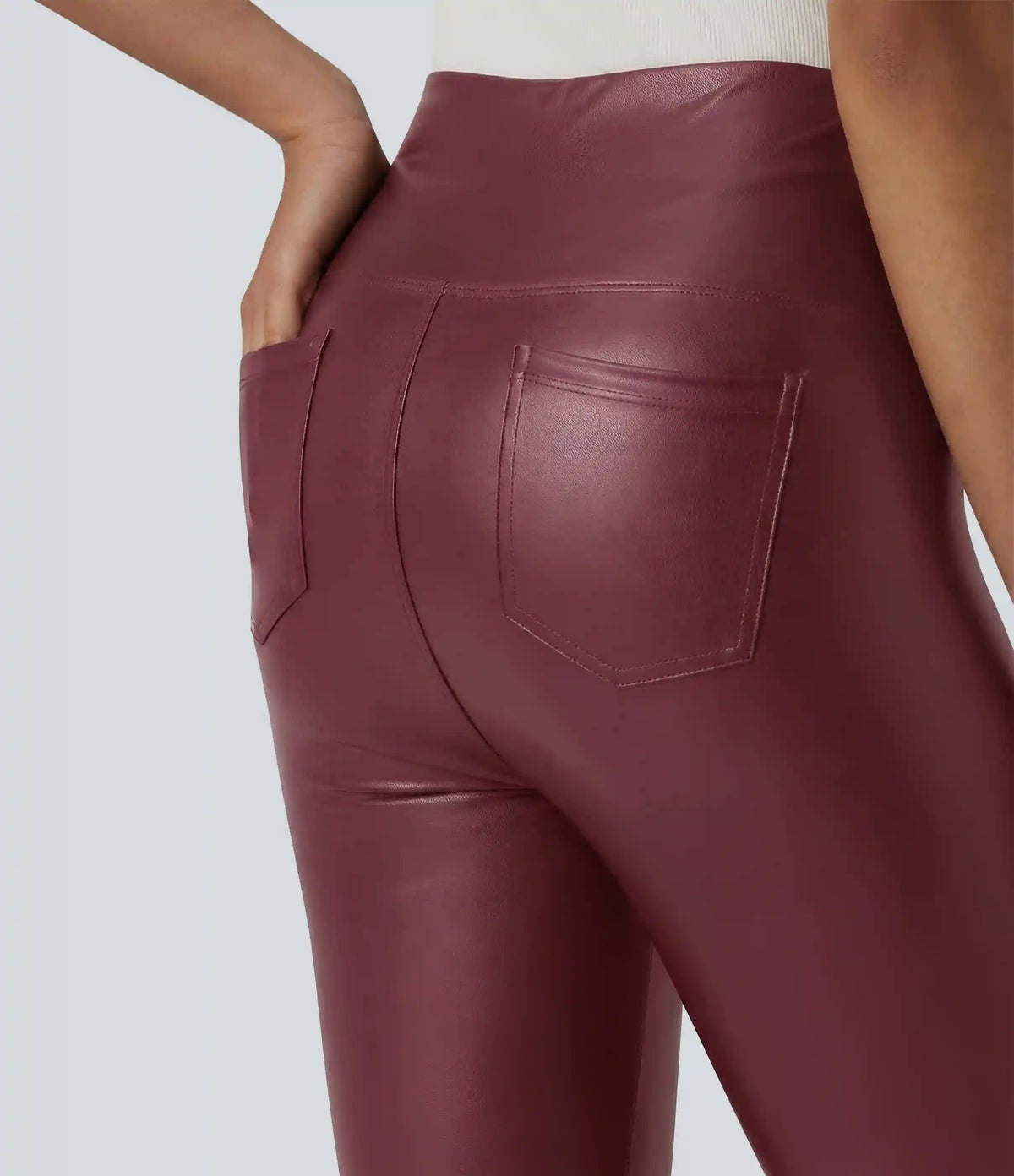High Waisted Tummy Control Stretchy PU Casual 7/8 Leggings with Pockets