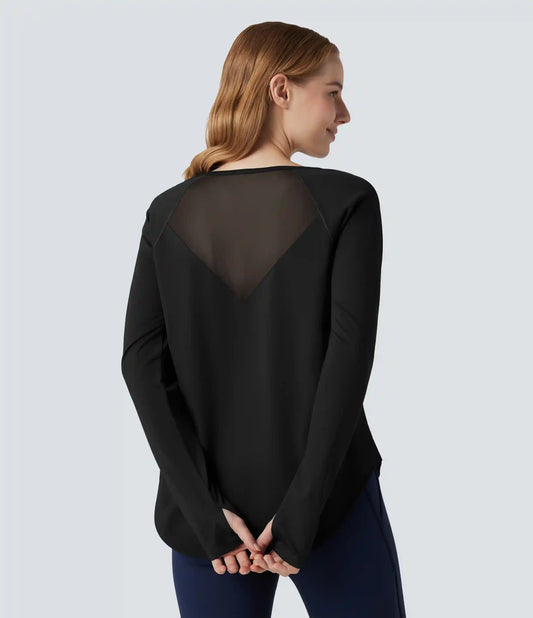 Round Neck Long Sleeve Thumb Hole Contrast Mesh Workout Sports Top