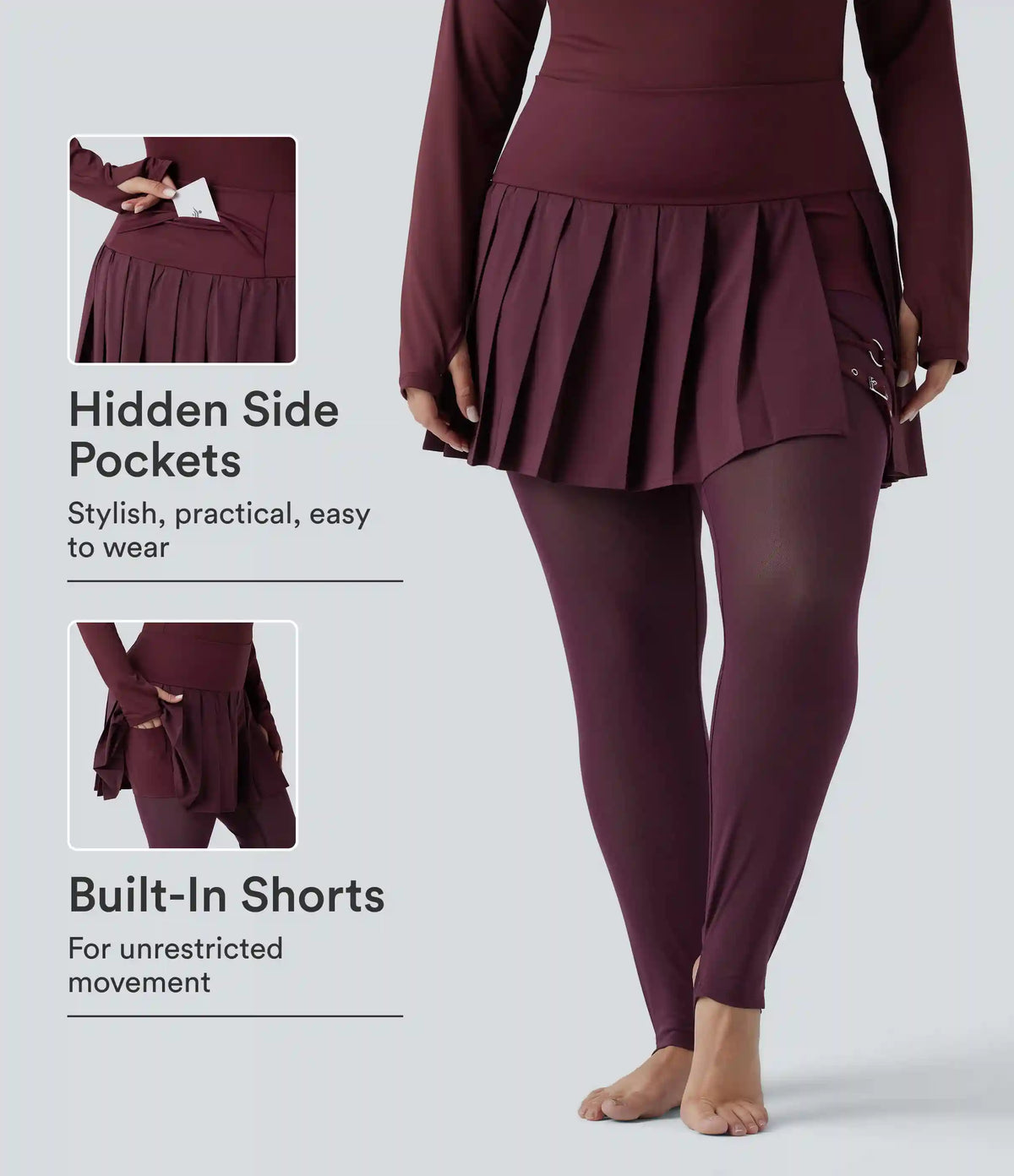 Breezeful™ High Waisted Pleated 2-in-1 Contrast Mesh Quick Dry Dance Plus Size Stirrup Skirted Leggings with Pockets