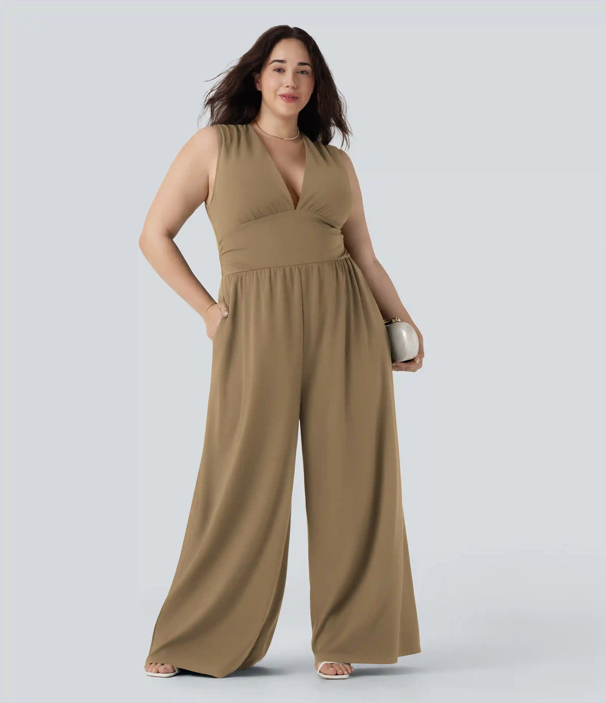 Plus Size V Neck Sleeveless Jumpsuit with Pockets-Easy Peezy Edition