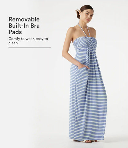 Halter Tie Back Built-in Bra Striped Maxi Resort Dress with Pockets