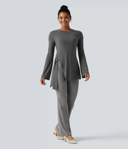 Round Neck Long Sleeve Tie Side Asymmetric Hem Casual Top