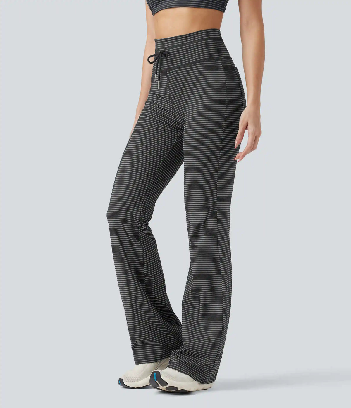 High Waisted Drawstring Stripe Flare Yoga Pants with Pockets