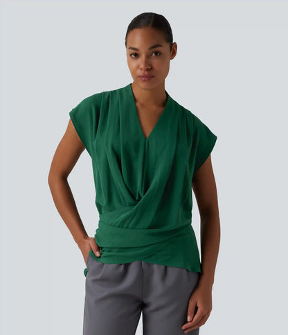V Neck Wrapped Sleeveless Linen-Feel Work Blouse