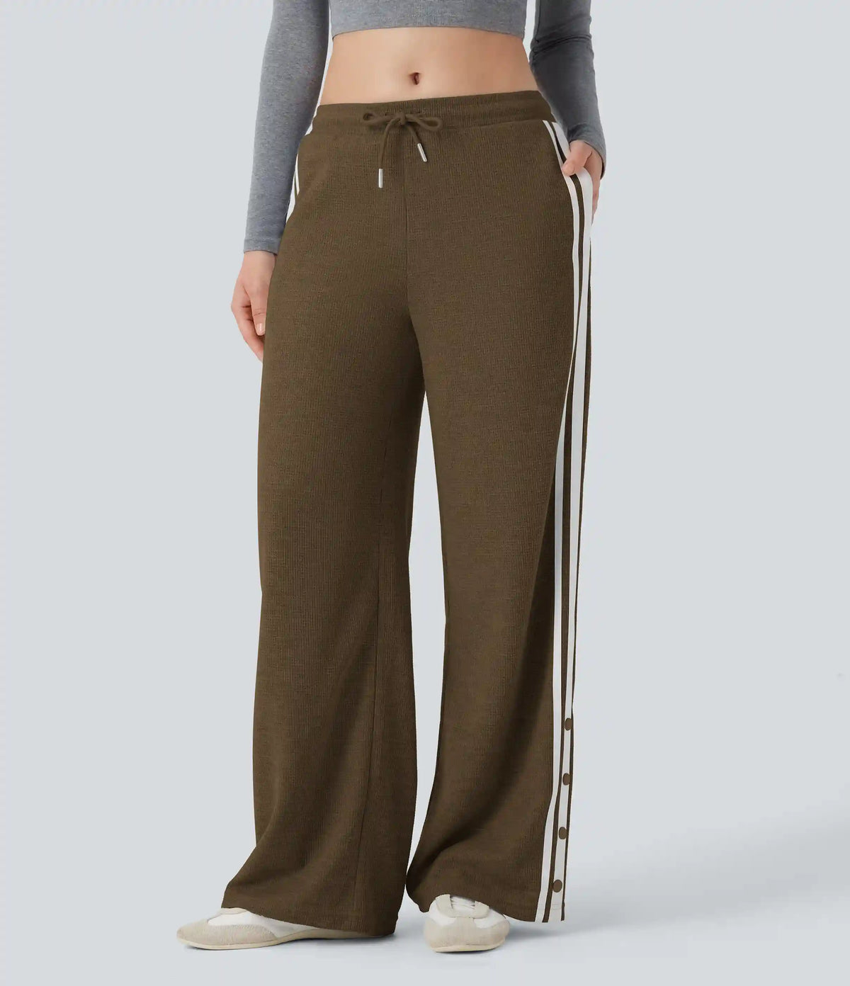 Low Rise Drawstring Color Block Snap Waffle Casual Wide Leg Pants with Pockets