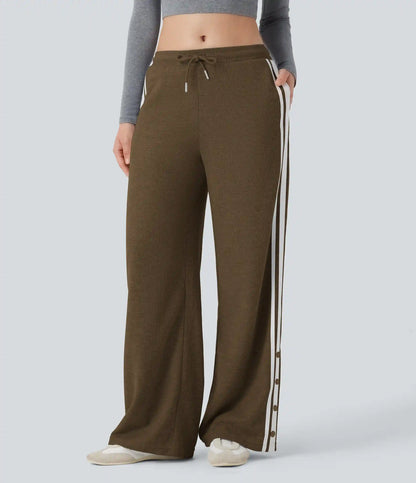 Low Rise Drawstring Color Block Snap Waffle Casual Wide Leg Pants with Pockets