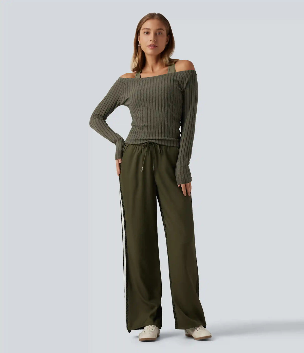 2-Piece Set Off-Shoulder Ribbed Long Sleeve Lounge Top with Built-in Bra