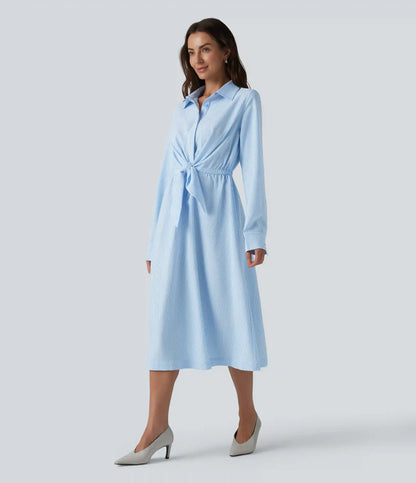 Collar Long Sleeve Tie-front Stripes Midi Work Shirt Dress