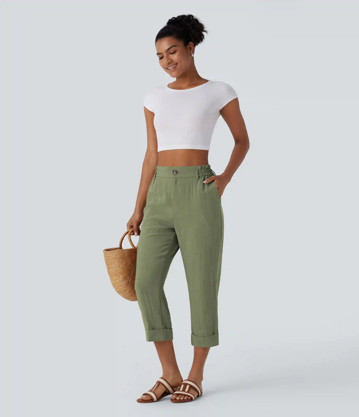 High Waisted Zipper Pocket Cropped Linen-Feel Pants
