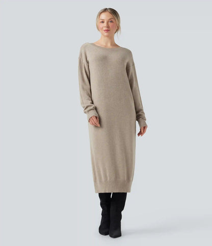 V-neck Long Sleeve Midi Wool-Blend Work Sweater Dress-Front and Back Wearable