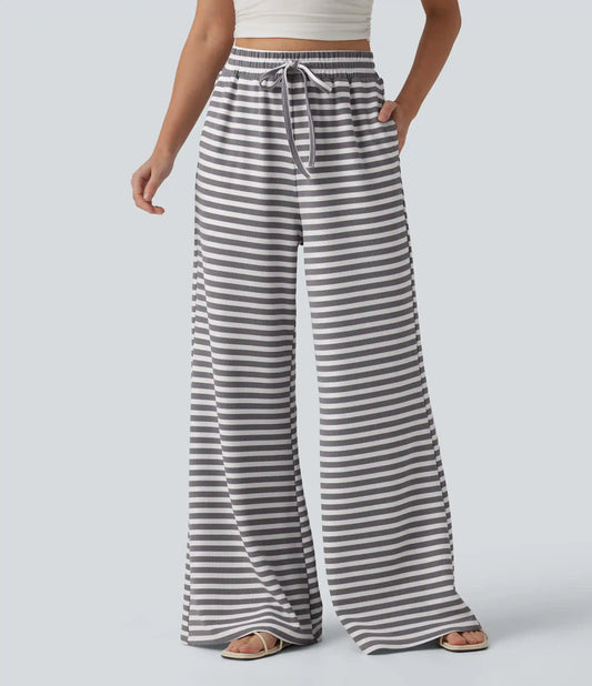 High Waisted Drawstring Stripe Waffle Wide Leg Casual Pants with Pockets