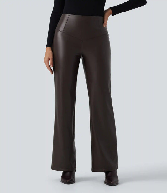 High Waisted Stretchy PU Fleece Tummy Control Bootcut Casual Leather Pants with Pockets