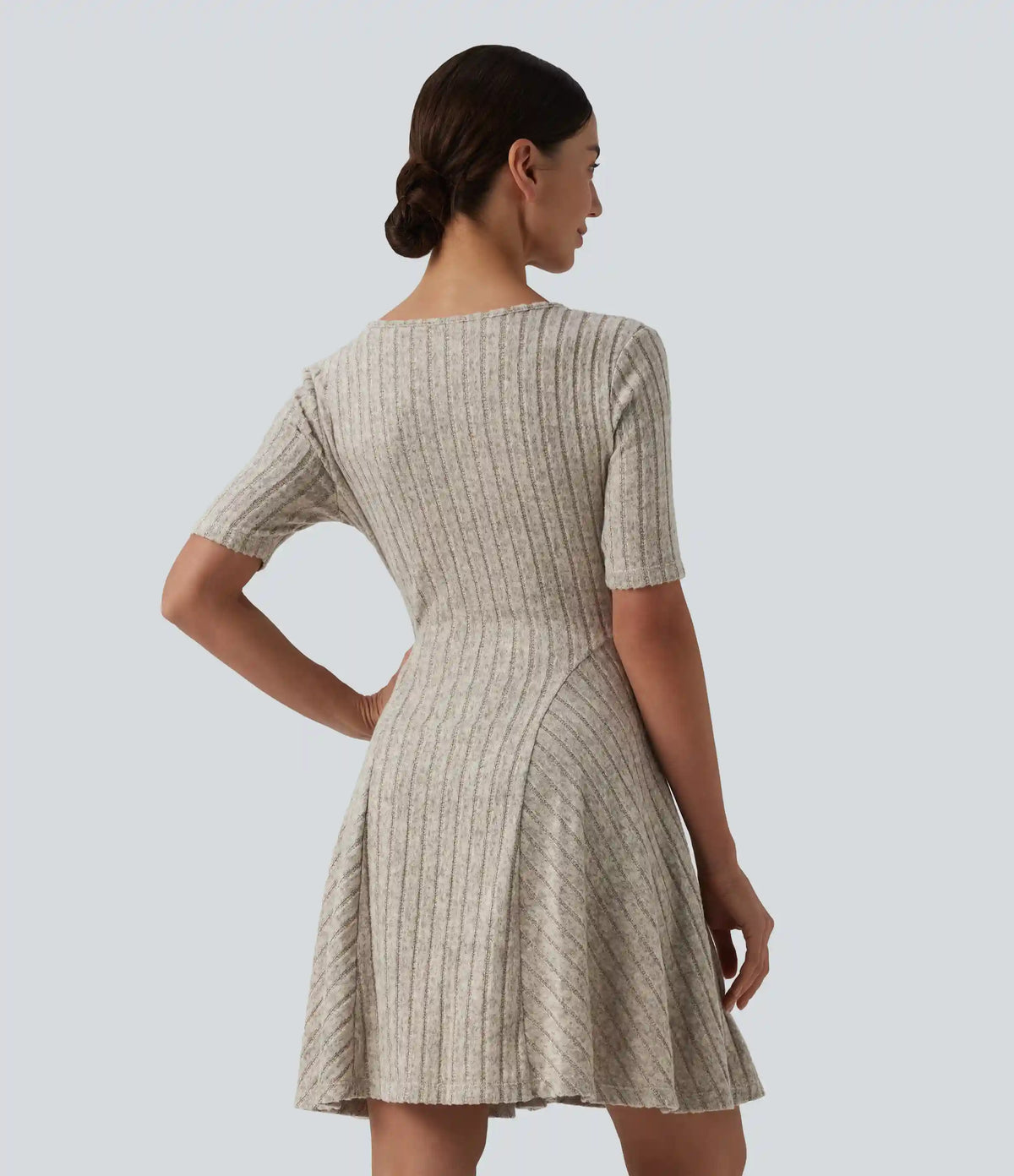 Ribbed Knit V Neck Short Sleeve Flare Mini Casual Dress