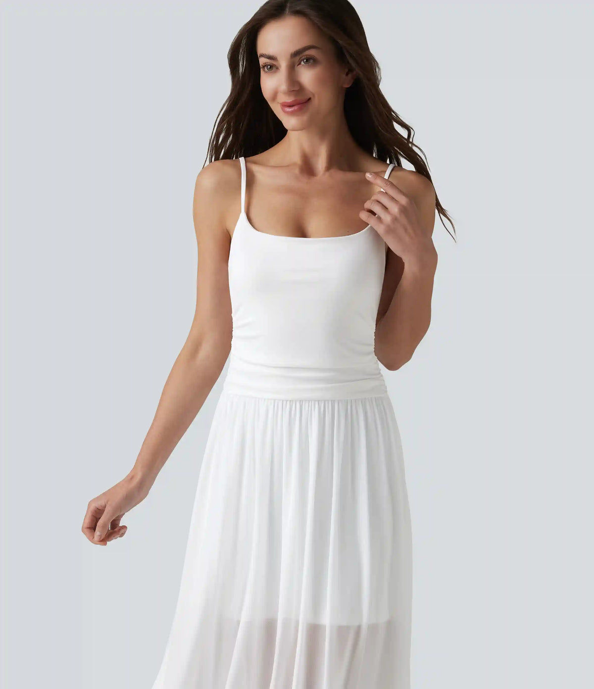Adjustable Straps Ruched Contrast Mesh Built-in Bra Maxi Casual Flowy Slip Dress