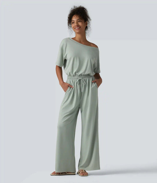 Boat Neck Short Sleeve Drawstring Baggy Casual Jumpsuit with Pockets-Easy Peezy Edition