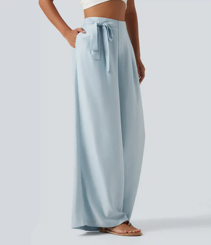 High Waisted 2-in-1 Tie Side Baggy Pants with Pockets