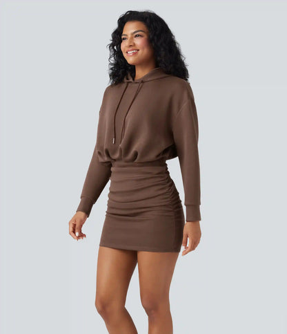 SpacerTek™ Long Sleeve Ruched Bodycon Mini Casual Hoodie Dress