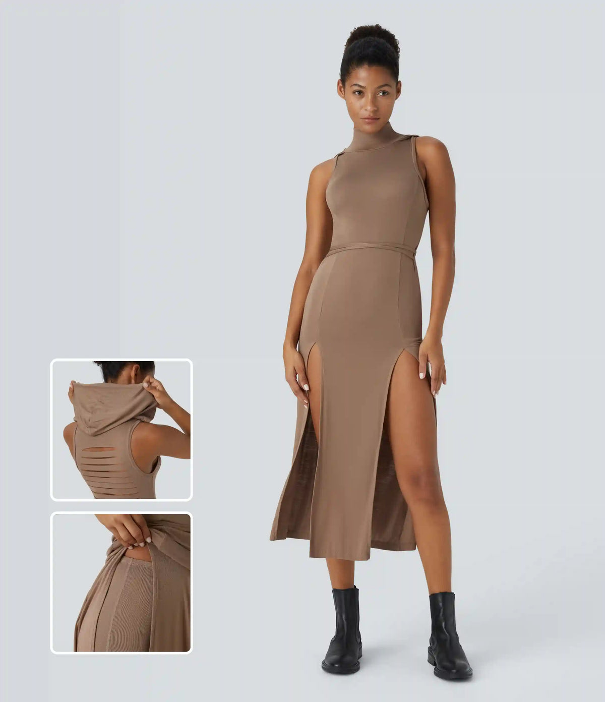 Ribbed Hooded High Neck Sleeveless Cut Out Tie Back 2-Piece Midi Casual Dress