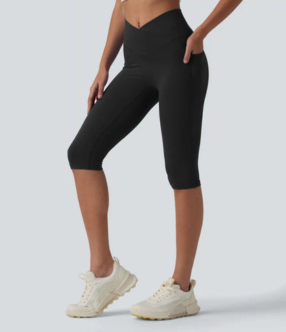SoftlyZero™ High Waisted Crossover Pedal Pusher Yoga Leggings with Pockets