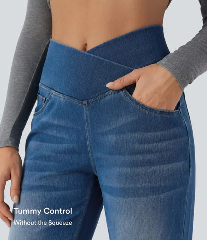 Halara Flex™ Crossover High Waisted Tummy Control Casual Straight Leg Jeans with Pockets