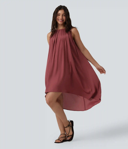 Round Neck Pleated Sleeveless High Low Casual Flowy Dress