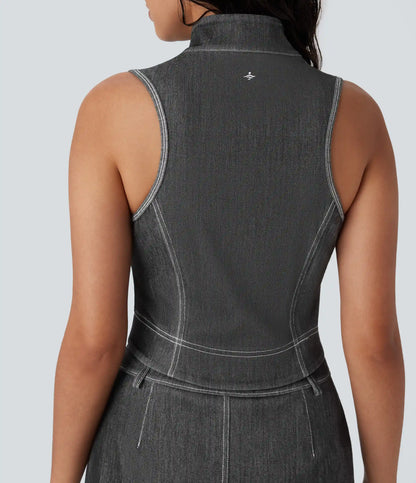 Halara Flex™ Stand Collar Zipper InstantCool Washed Denim Tennis Tank Top
