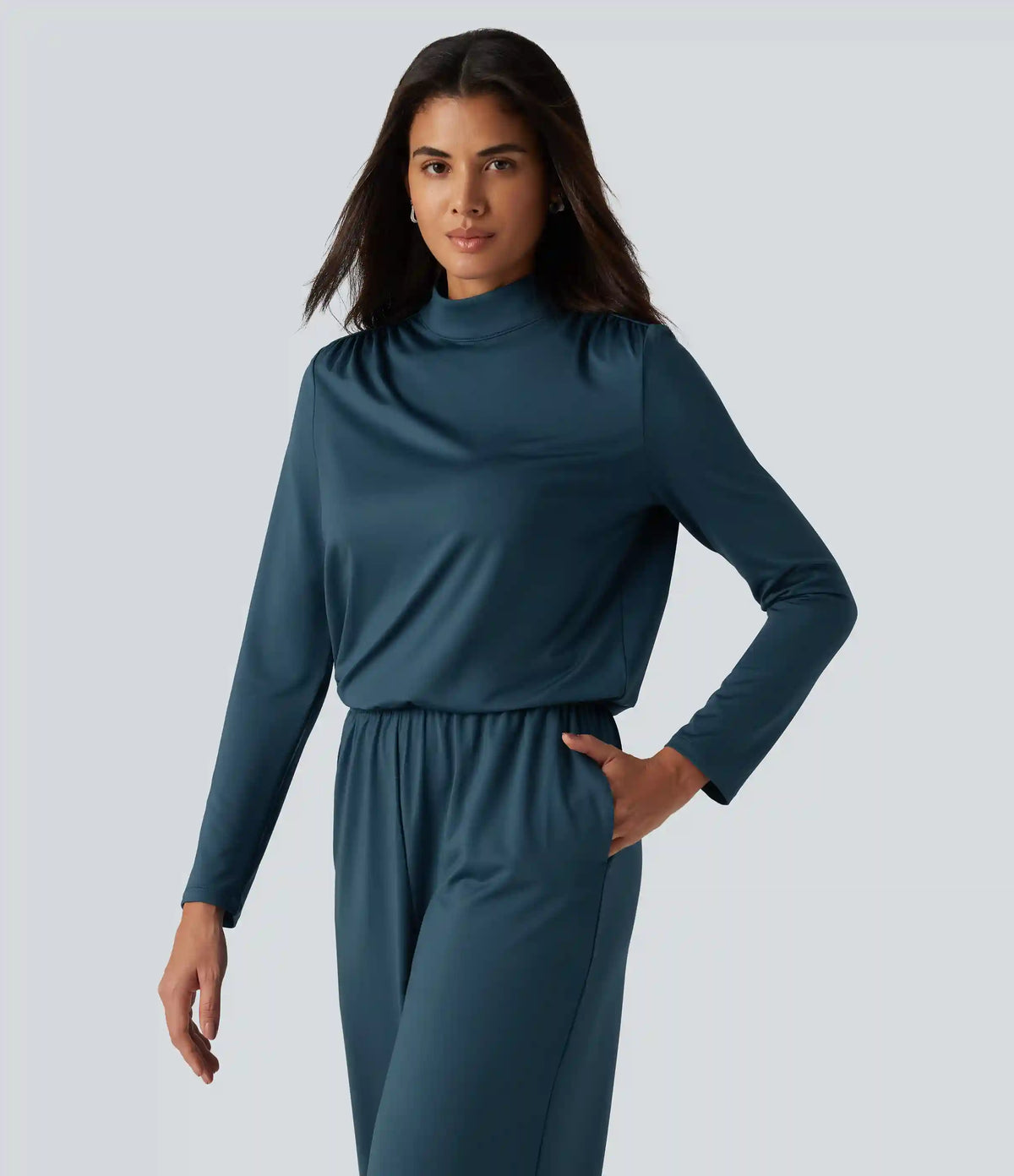 Stand Collar Long Sleeve Straight Leg Jumpsuit with Pockets-Easy Peezy Edition