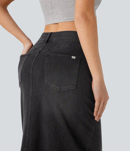 Halara Flex™ Mid Rise Pockets Straight Maxi Washed Denim Casual Skirt