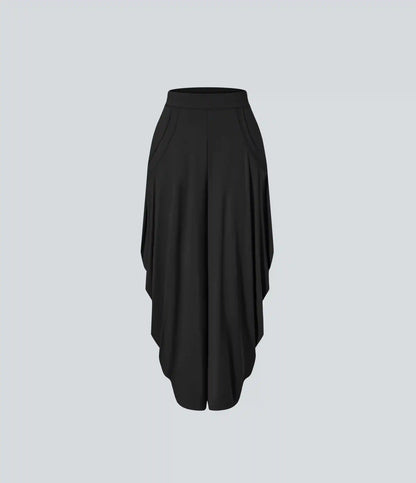 Mid Rise Pockets Draped Wide Leg Baggy Casual Pants