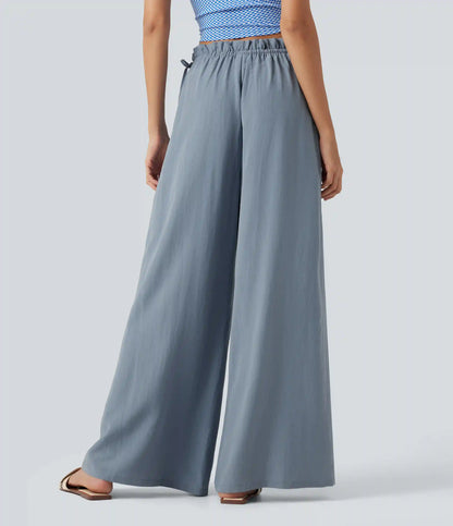 Frill Trim Mid Rise Drawstring Casual Linen-Blend Baggy Flowy Pants with Pockets