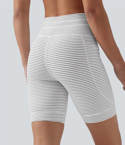 High Waisted Drawstring Striped Yoga Biker Shorts 7'' with Pockets
