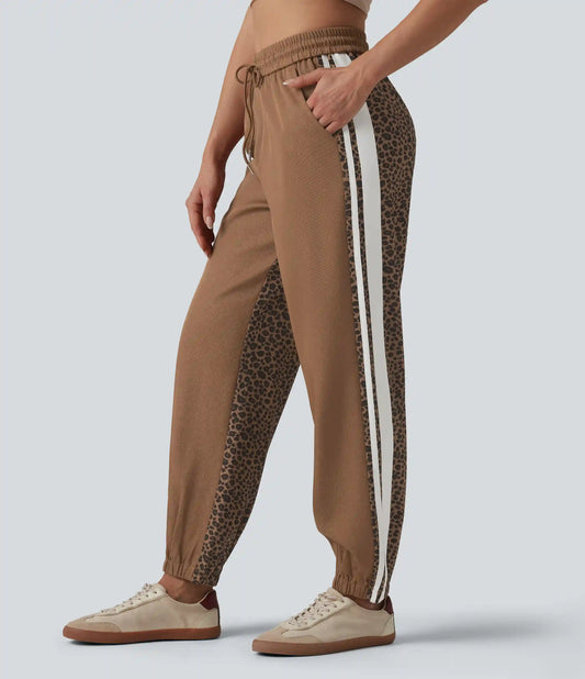 Mid Rise Drawstring Color Block Stripes Contrast Leopard Casual Joggers with Pockets