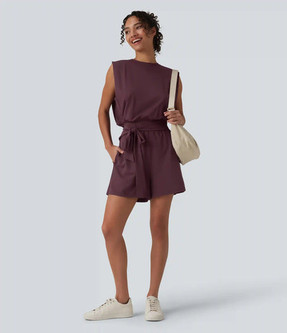 Round Neck Sleeveless Tie-front Cool Touch Casual Romper with Pockets-Easy Peezy-UPF50+